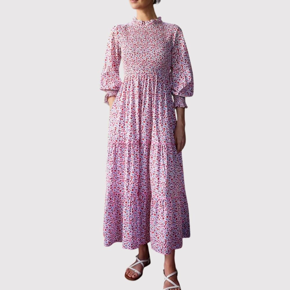 NWT Pink City Prints Maxi Dress Pink Scarlet Forest Isabel Smocked Tiered Small - Picture 1 of 13